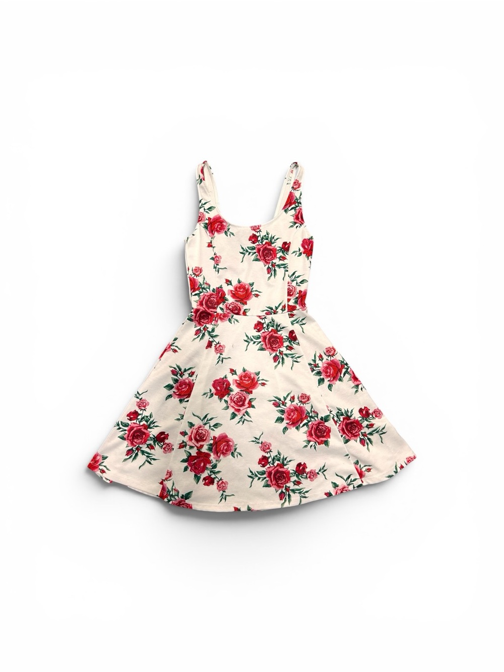 Divided Cream Mini Dress with Red Rose Print